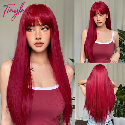 Platinum Blonde Ombre Long Synthetic Wigs with Bangs Straight Layered Cosplay Party Wigs for Women Natural Hair Heat Resistant