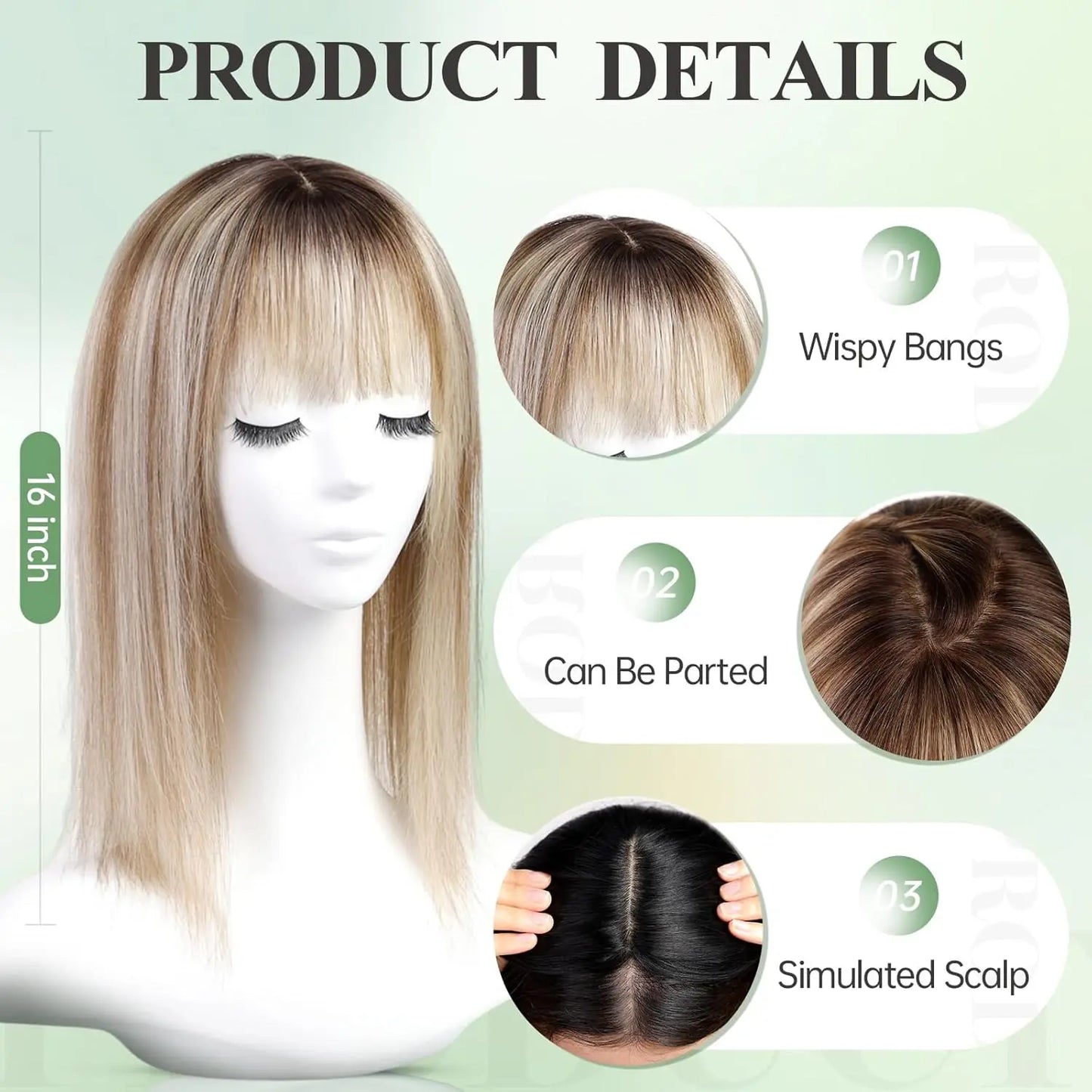 Brown Highlights Human Hair Toppers 9x9inch Large Base Hair Pieces 16 inch Toppers for Women with Multiple Non-slip Clips