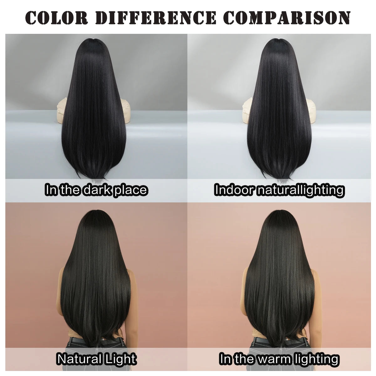 7JHH WIGS Long Straight Black Wig for Women Daily Use High Density Synthetic Layered Black Hair Wigs with Bangs Natural Looking
