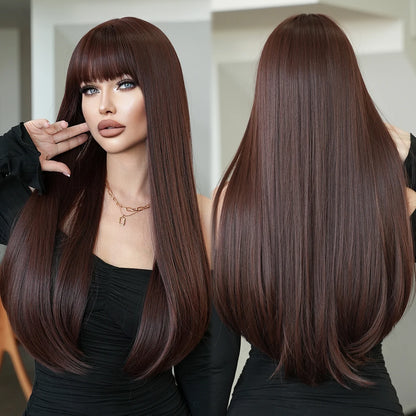 7JHH WIGS Long Straight Black Wig for Women Daily Use High Density Synthetic Layered Black Hair Wigs with Bangs Natural Looking