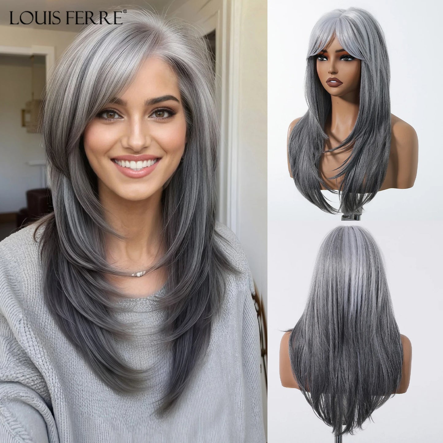 Natural Layered Hair Wigs For Women Daily Party Use Brown Ombre Synthetic Wigs Long Straight Fake Hair With Bangs Heat Resistant