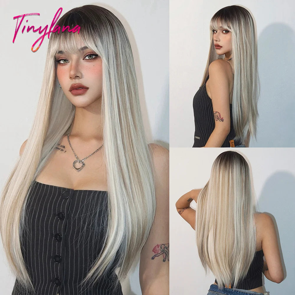Platinum Blonde Ombre Long Synthetic Wigs with Bangs Straight Layered Cosplay Party Wigs for Women Natural Hair Heat Resistant