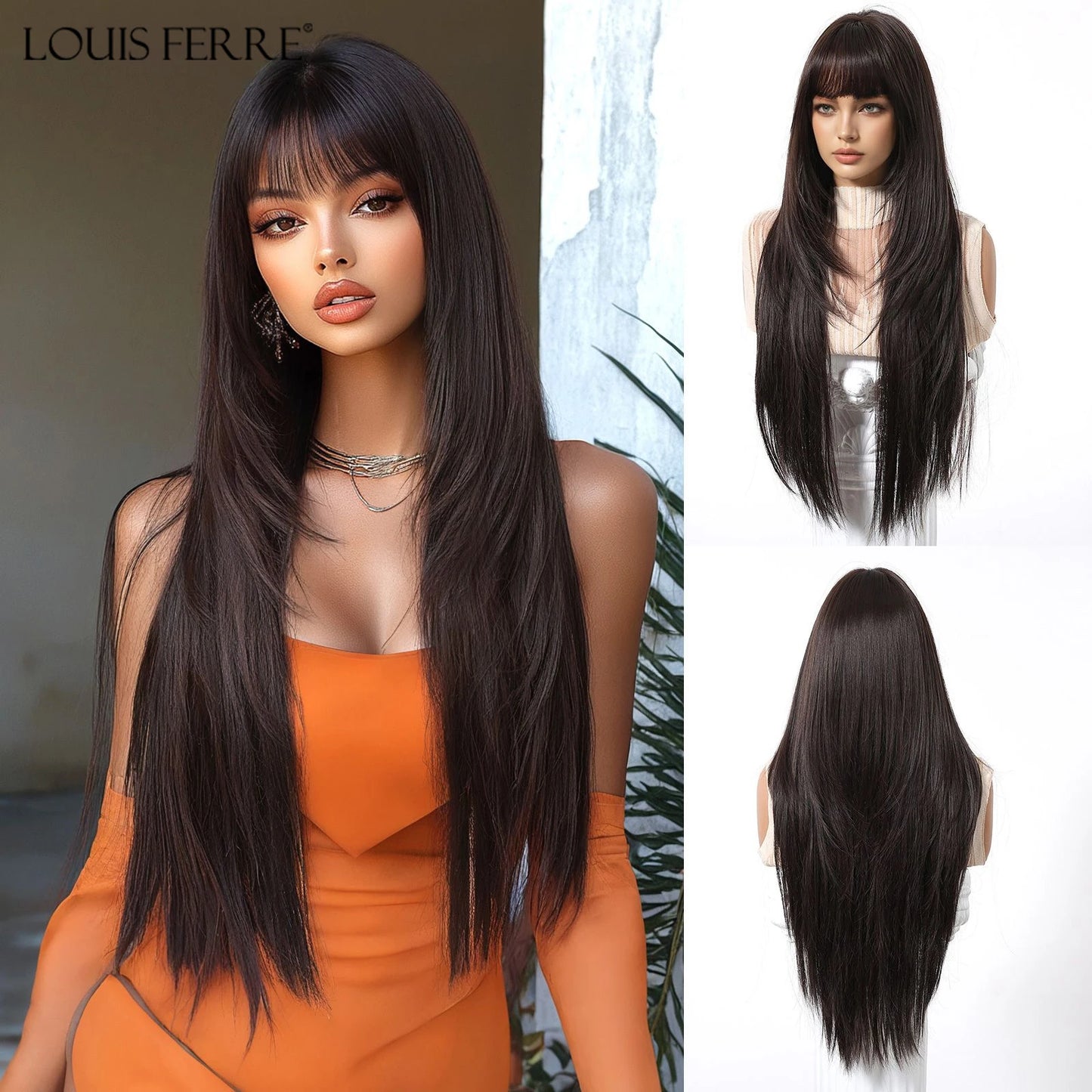 Natural Layered Hair Wigs For Women Daily Party Use Brown Ombre Synthetic Wigs Long Straight Fake Hair With Bangs Heat Resistant