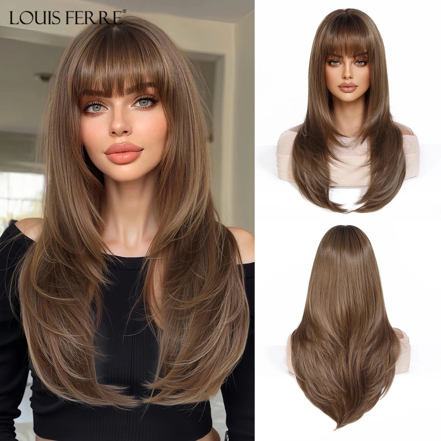 Natural Layered Hair Wigs For Women Daily Party Use Brown Ombre Synthetic Wigs Long Straight Fake Hair With Bangs Heat Resistant