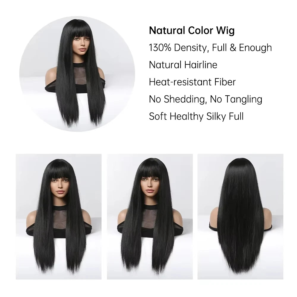 Long Black Straight Wigs with Bangs Black Synthetic Wigs for Women Straight Hair Heat Resistant Wigs Daily Cosplay Fiber Hair