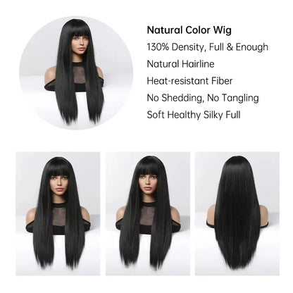 Long Black Straight Wigs with Bangs Black Synthetic Wigs for Women Straight Hair Heat Resistant Wigs Daily Cosplay Fiber Hair