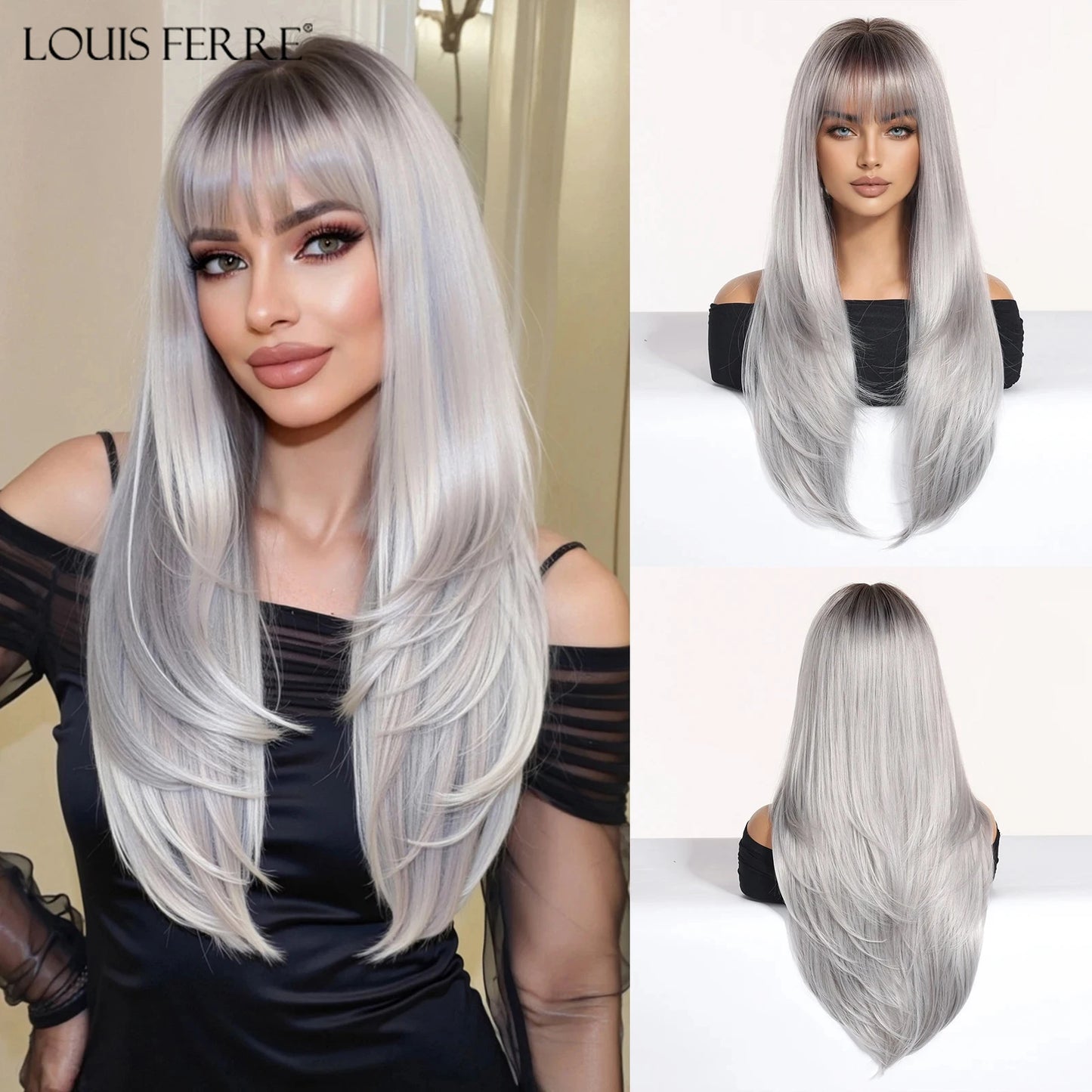 Natural Layered Hair Wigs For Women Daily Party Use Brown Ombre Synthetic Wigs Long Straight Fake Hair With Bangs Heat Resistant