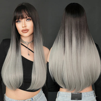 7JHH WIGS Long Straight Black Wig for Women Daily Use High Density Synthetic Layered Black Hair Wigs with Bangs Natural Looking
