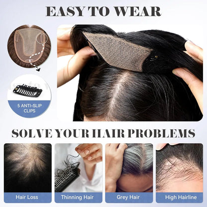 Brown Highlights Human Hair Toppers 9x9inch Large Base Hair Pieces 16 inch Toppers for Women with Multiple Non-slip Clips