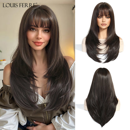 Natural Layered Hair Wigs For Women Daily Party Use Brown Ombre Synthetic Wigs Long Straight Fake Hair With Bangs Heat Resistant