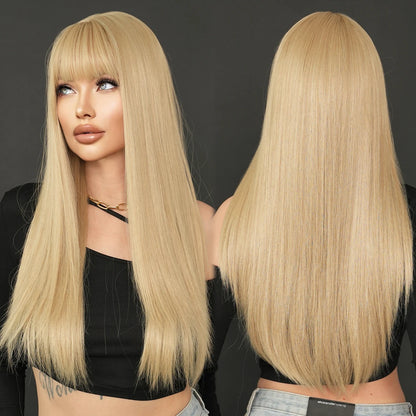 7JHH WIGS Long Straight Black Wig for Women Daily Use High Density Synthetic Layered Black Hair Wigs with Bangs Natural Looking