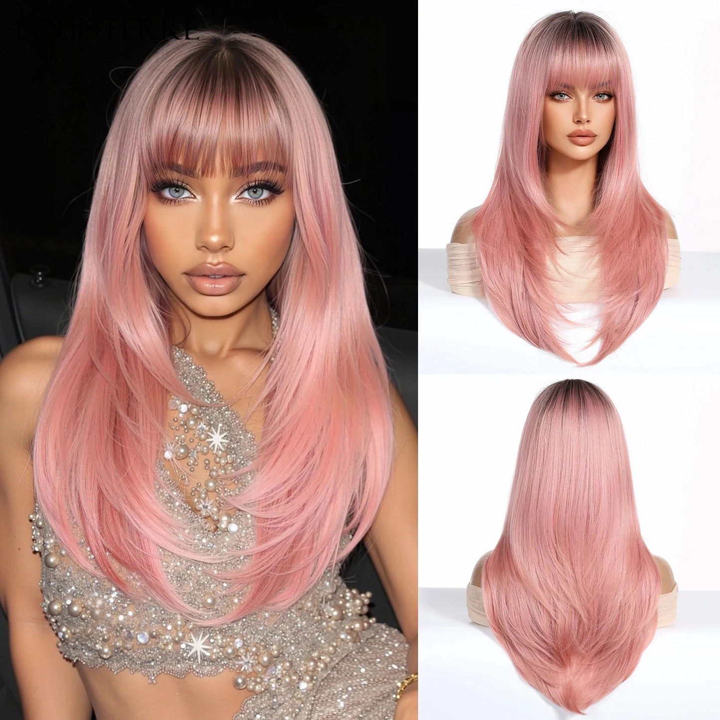 Natural Layered Hair Wigs For Women Daily Party Use Brown Ombre Synthetic Wigs Long Straight Fake Hair With Bangs Heat Resistant