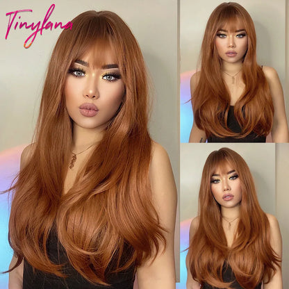 Platinum Blonde Ombre Long Synthetic Wigs with Bangs Straight Layered Cosplay Party Wigs for Women Natural Hair Heat Resistant