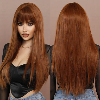 7JHH WIGS Long Straight Black Wig for Women Daily Use High Density Synthetic Layered Black Hair Wigs with Bangs Natural Looking