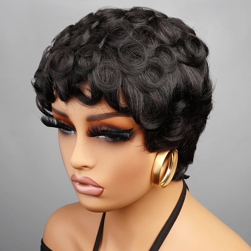 Short Pixie Cut Wigs Natural Black Human Hair Wigs Machine Made Natural Wavy Short Curly Layered Pixie Wig for Black Women
