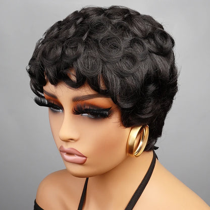 Short Pixie Cut Wigs Natural Black Human Hair Wigs Machine Made Natural Wavy Short Curly Layered Pixie Wig for Black Women