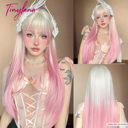 Platinum Blonde Ombre Long Synthetic Wigs with Bangs Straight Layered Cosplay Party Wigs for Women Natural Hair Heat Resistant