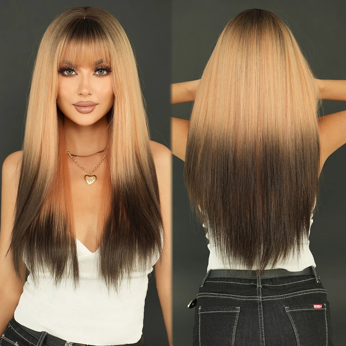 7JHH WIGS Long Straight Black Wig for Women Daily Use High Density Synthetic Layered Black Hair Wigs with Bangs Natural Looking