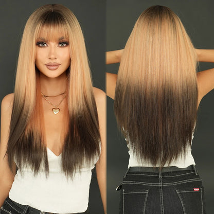 7JHH WIGS Long Straight Black Wig for Women Daily Use High Density Synthetic Layered Black Hair Wigs with Bangs Natural Looking