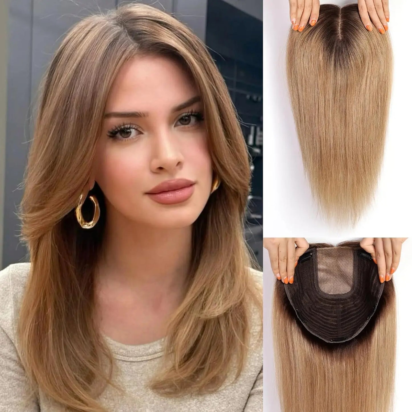 Brown Highlights Human Hair Toppers 9x9inch Large Base Hair Pieces 16 inch Toppers for Women with Multiple Non-slip Clips