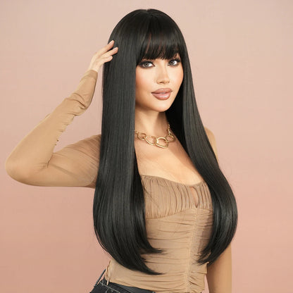 7JHH WIGS Long Straight Black Wig for Women Daily Use High Density Synthetic Layered Black Hair Wigs with Bangs Natural Looking