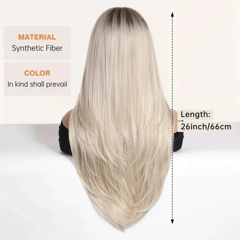 Platinum Blonde Ombre Long Synthetic Wigs with Bangs Straight Layered Cosplay Party Wigs for Women Natural Hair Heat Resistant
