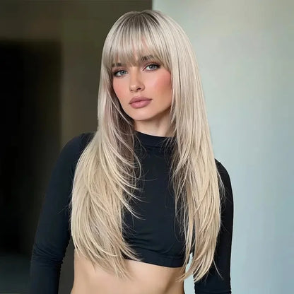 Platinum Blonde Ombre Long Synthetic Wigs with Bangs Straight Layered Cosplay Party Wigs for Women Natural Hair Heat Resistant