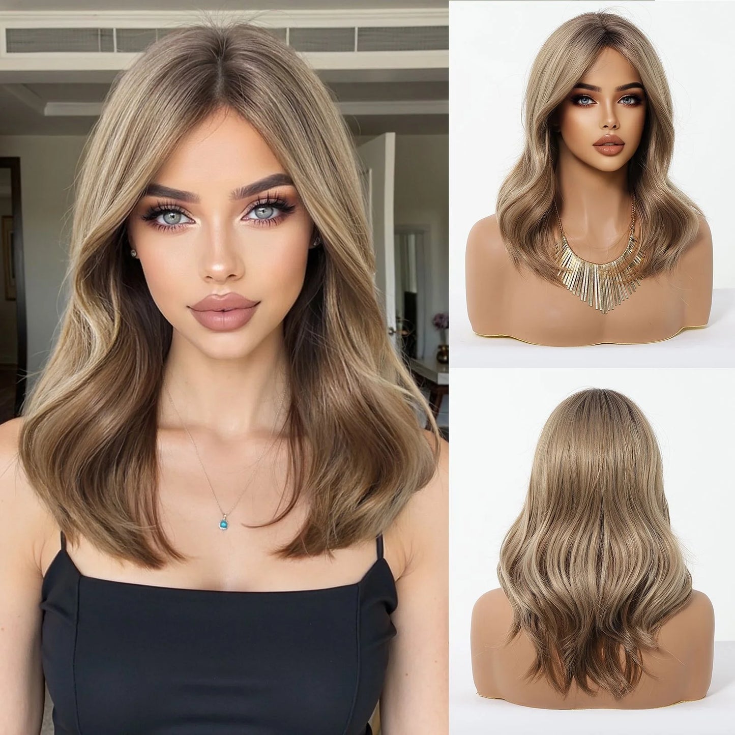 HENRY MARGU Medium Length Wavy Synthetic Hair Wig for Women Copper Wavy Fake Hair Middle Part Daily Club Wigs High Temperature