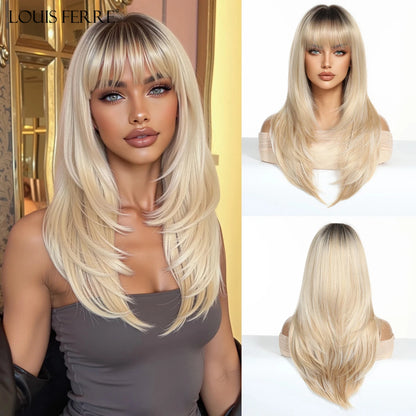 Natural Layered Hair Wigs For Women Daily Party Use Brown Ombre Synthetic Wigs Long Straight Fake Hair With Bangs Heat Resistant
