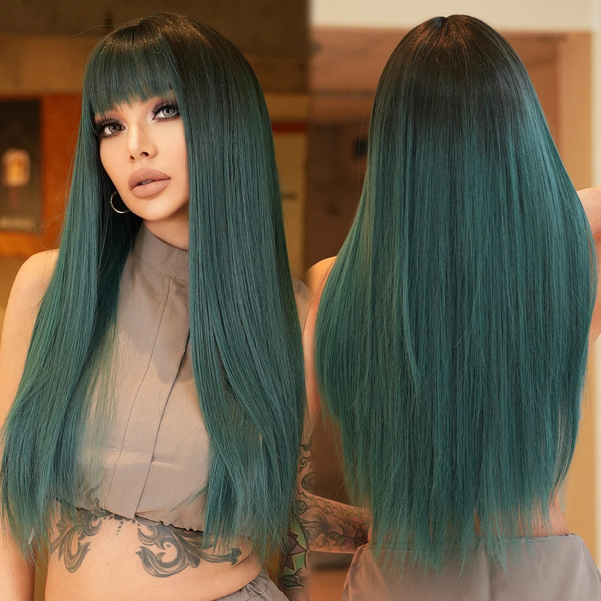 7JHH WIGS Long Straight Black Wig for Women Daily Use High Density Synthetic Layered Black Hair Wigs with Bangs Natural Looking