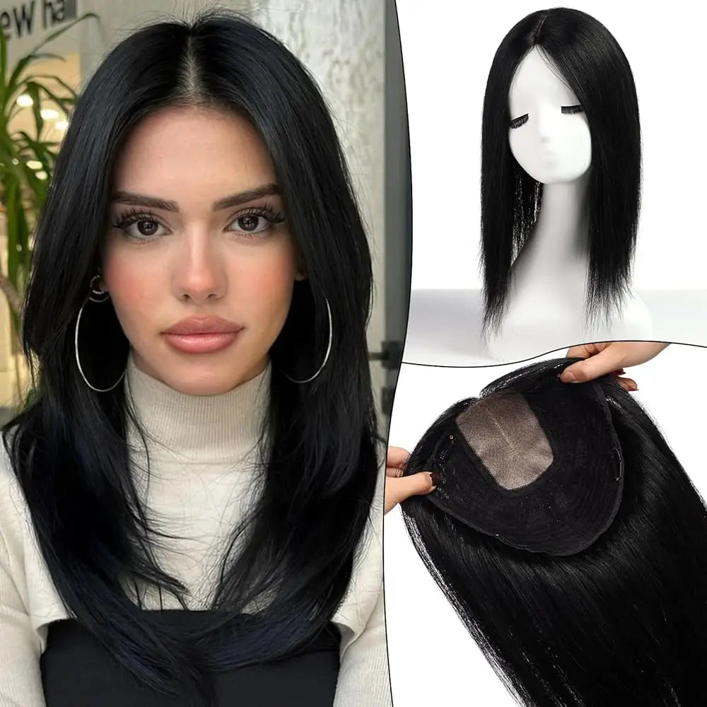 Brown Highlights Human Hair Toppers 9x9inch Large Base Hair Pieces 16 inch Toppers for Women with Multiple Non-slip Clips