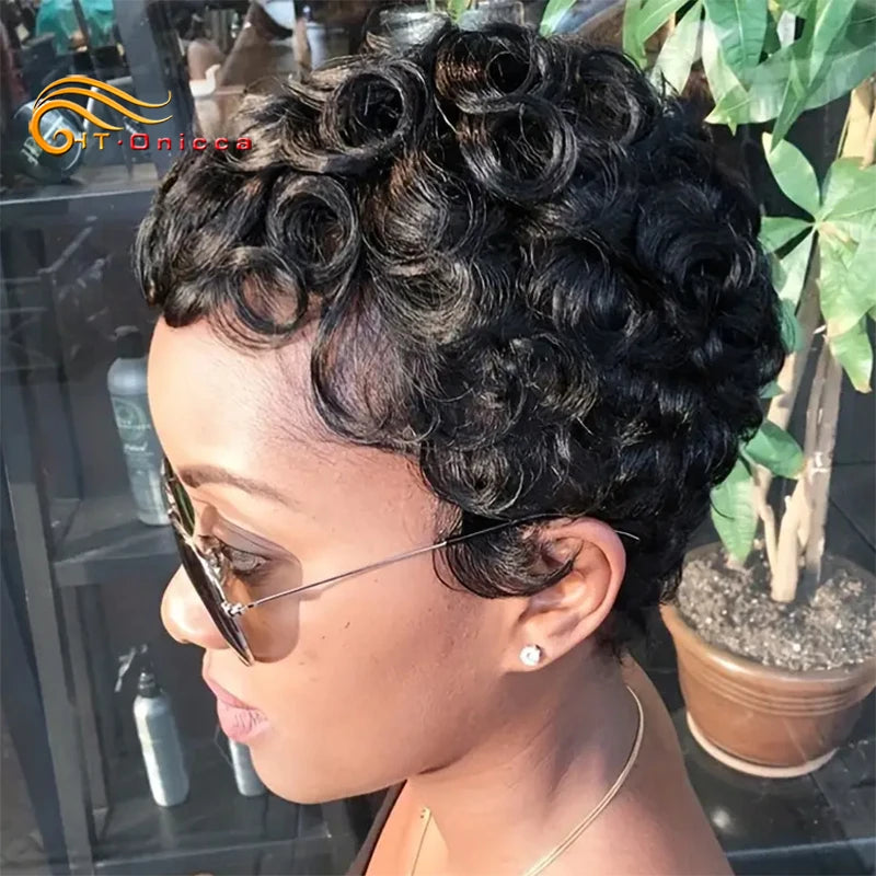 Short Pixie Cut Wigs Natural Black Human Hair Wigs Machine Made Natural Wavy Short Curly Layered Pixie Wig for Black Women