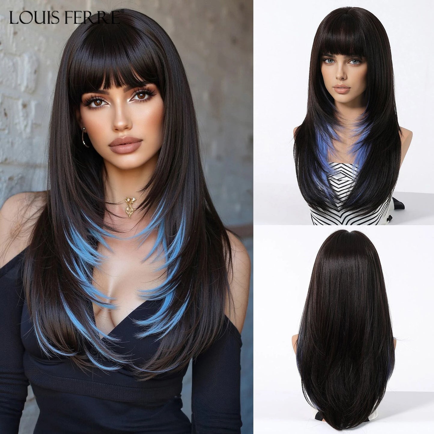 Natural Layered Hair Wigs For Women Daily Party Use Brown Ombre Synthetic Wigs Long Straight Fake Hair With Bangs Heat Resistant