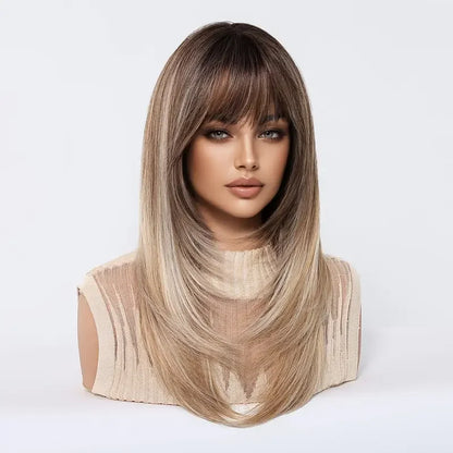Natural Layered Hair Wigs For Women Daily Party Use Brown Ombre Synthetic Wigs Long Straight Fake Hair With Bangs Heat Resistant