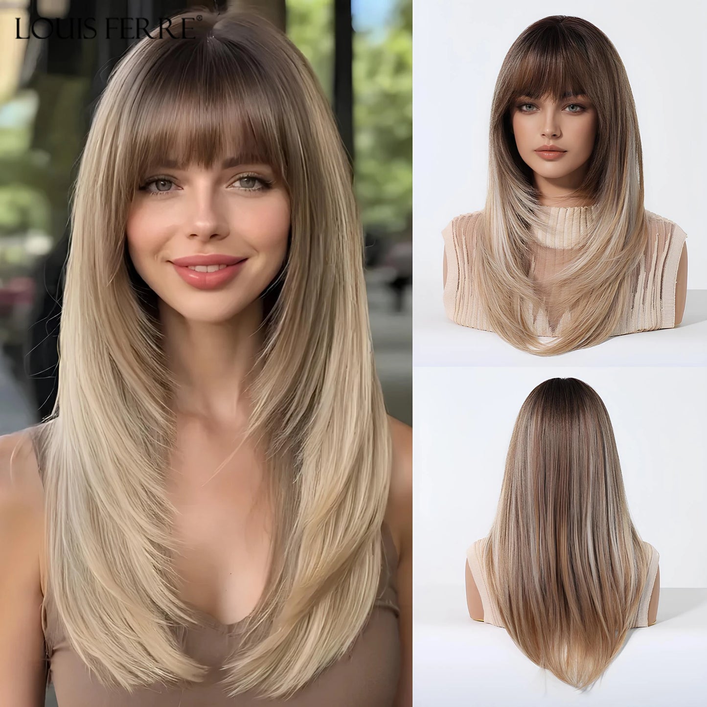 Natural Layered Hair Wigs For Women Daily Party Use Brown Ombre Synthetic Wigs Long Straight Fake Hair With Bangs Heat Resistant