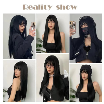 Long Black Straight Wigs with Bangs Black Synthetic Wigs for Women Straight Hair Heat Resistant Wigs Daily Cosplay Fiber Hair