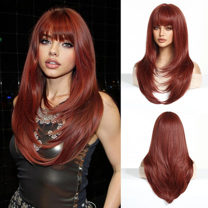 Natural Layered Hair Wigs For Women Daily Party Use Brown Ombre Synthetic Wigs Long Straight Fake Hair With Bangs Heat Resistant