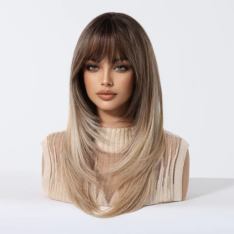 Natural Layered Hair Wigs For Women Daily Party Use Brown Ombre Synthetic Wigs Long Straight Fake Hair With Bangs Heat Resistant