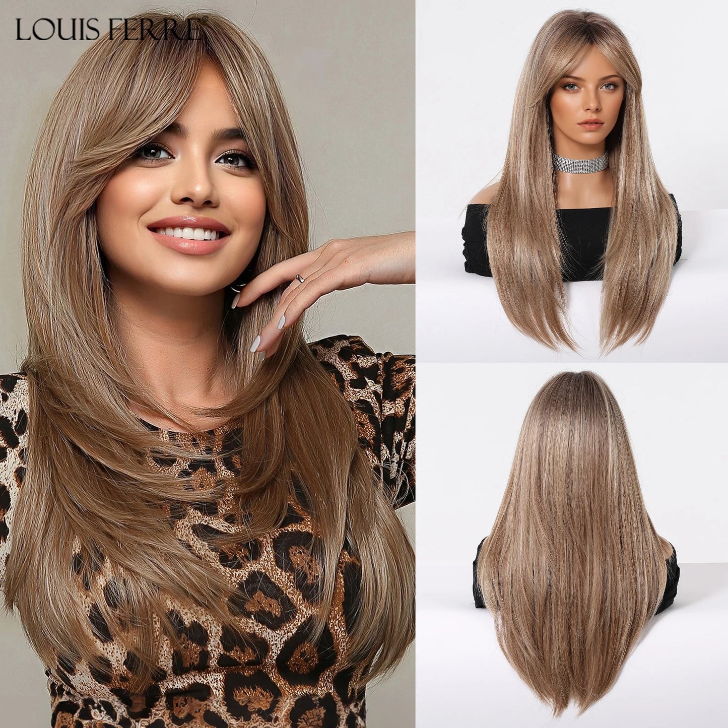 Natural Layered Hair Wigs For Women Daily Party Use Brown Ombre Synthetic Wigs Long Straight Fake Hair With Bangs Heat Resistant