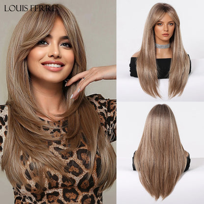 Natural Layered Hair Wigs For Women Daily Party Use Brown Ombre Synthetic Wigs Long Straight Fake Hair With Bangs Heat Resistant