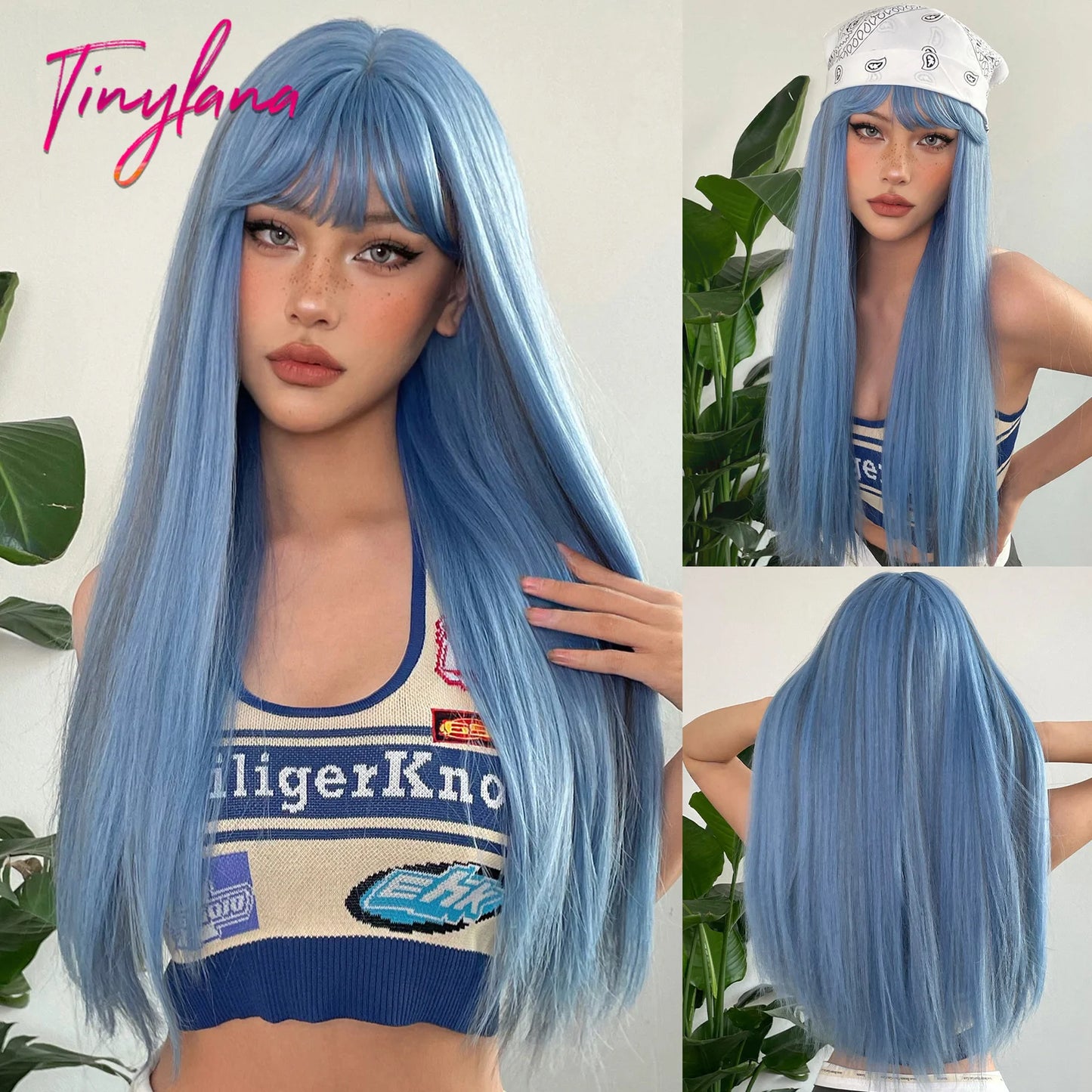 Platinum Blonde Ombre Long Synthetic Wigs with Bangs Straight Layered Cosplay Party Wigs for Women Natural Hair Heat Resistant