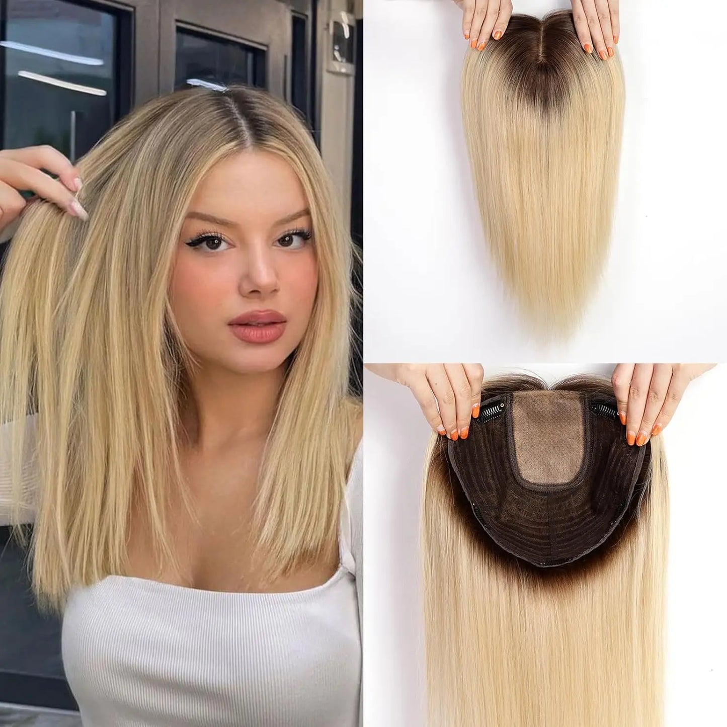 Brown Highlights Human Hair Toppers 9x9inch Large Base Hair Pieces 16 inch Toppers for Women with Multiple Non-slip Clips