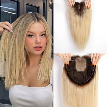 Brown Highlights Human Hair Toppers 9x9inch Large Base Hair Pieces 16 inch Toppers for Women with Multiple Non-slip Clips