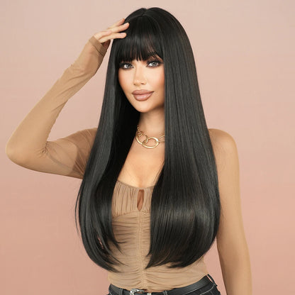 7JHH WIGS Long Straight Black Wig for Women Daily Use High Density Synthetic Layered Black Hair Wigs with Bangs Natural Looking