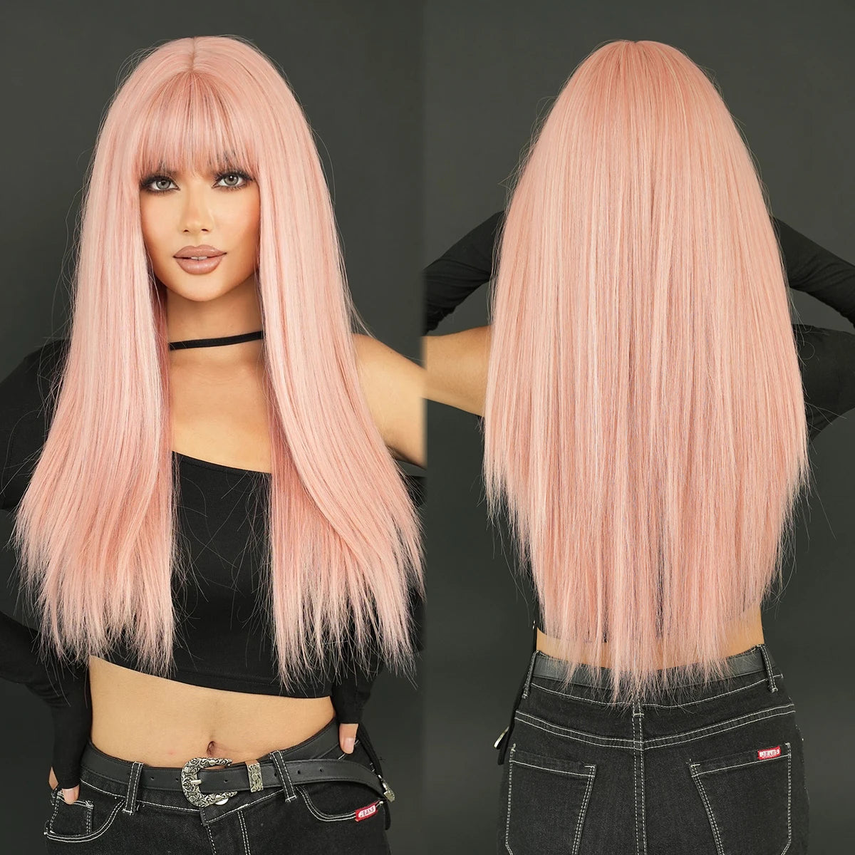 7JHH WIGS Long Straight Black Wig for Women Daily Use High Density Synthetic Layered Black Hair Wigs with Bangs Natural Looking