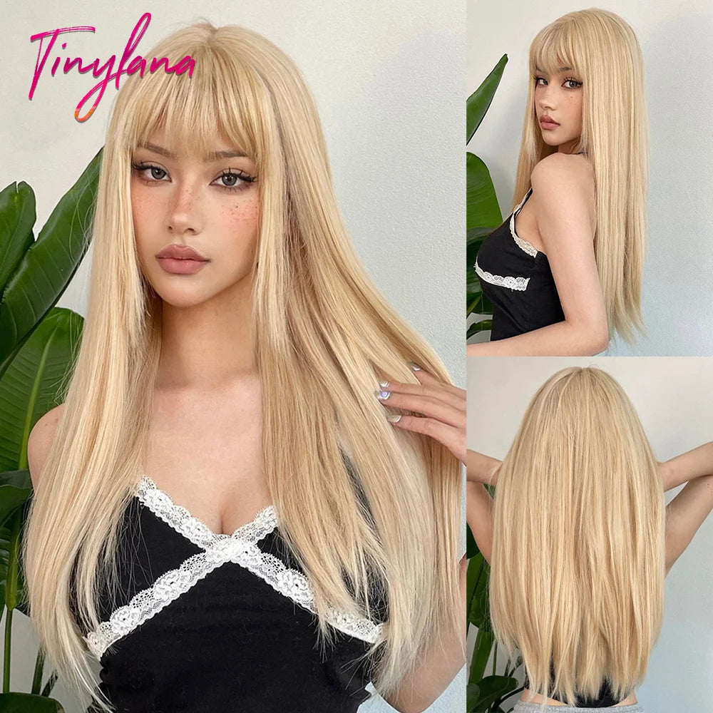 Platinum Blonde Ombre Long Synthetic Wigs with Bangs Straight Layered Cosplay Party Wigs for Women Natural Hair Heat Resistant