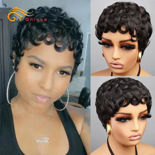 Short Pixie Cut Wigs Natural Black Human Hair Wigs Machine Made Natural Wavy Short Curly Layered Pixie Wig for Black Women
