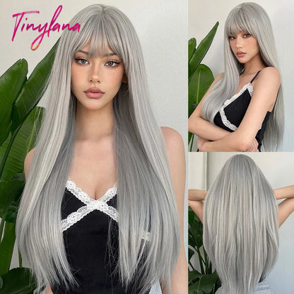 Platinum Blonde Ombre Long Synthetic Wigs with Bangs Straight Layered Cosplay Party Wigs for Women Natural Hair Heat Resistant