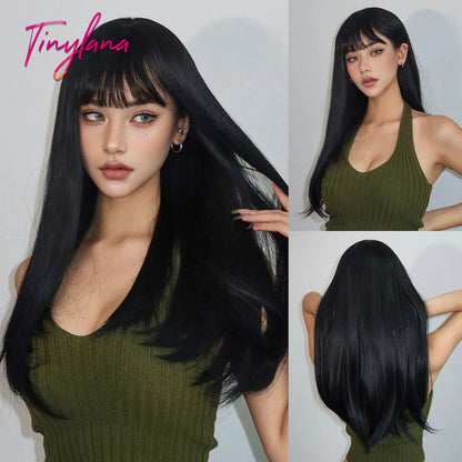 Platinum Blonde Ombre Long Synthetic Wigs with Bangs Straight Layered Cosplay Party Wigs for Women Natural Hair Heat Resistant