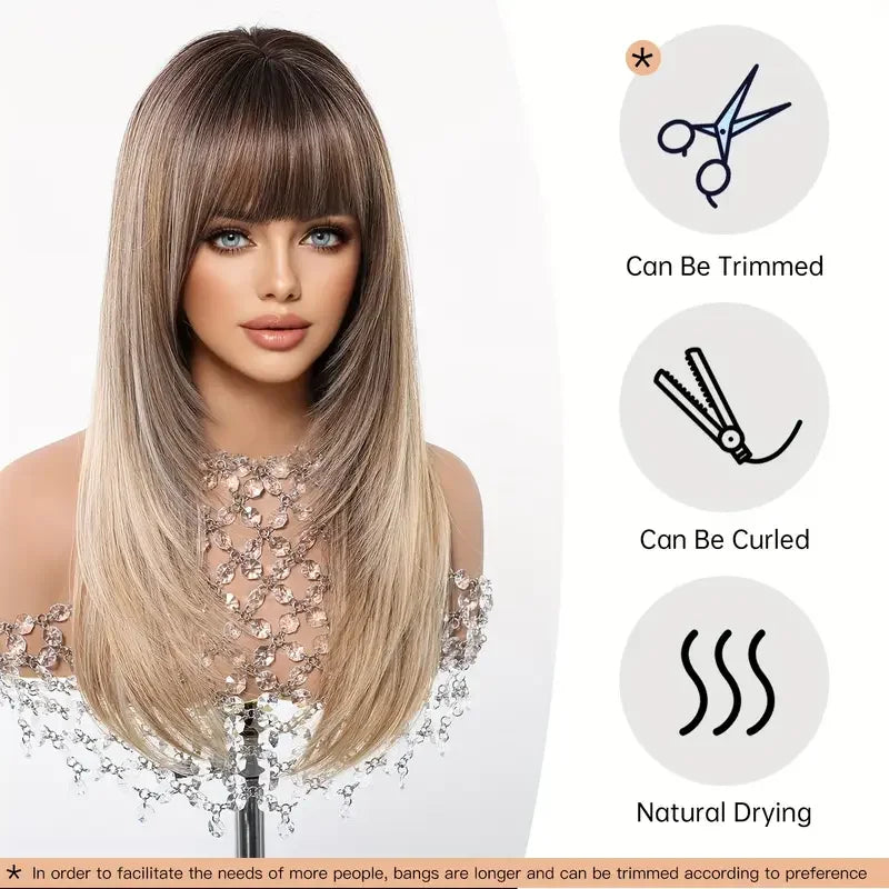 Natural Layered Hair Wigs For Women Daily Party Use Brown Ombre Synthetic Wigs Long Straight Fake Hair With Bangs Heat Resistant